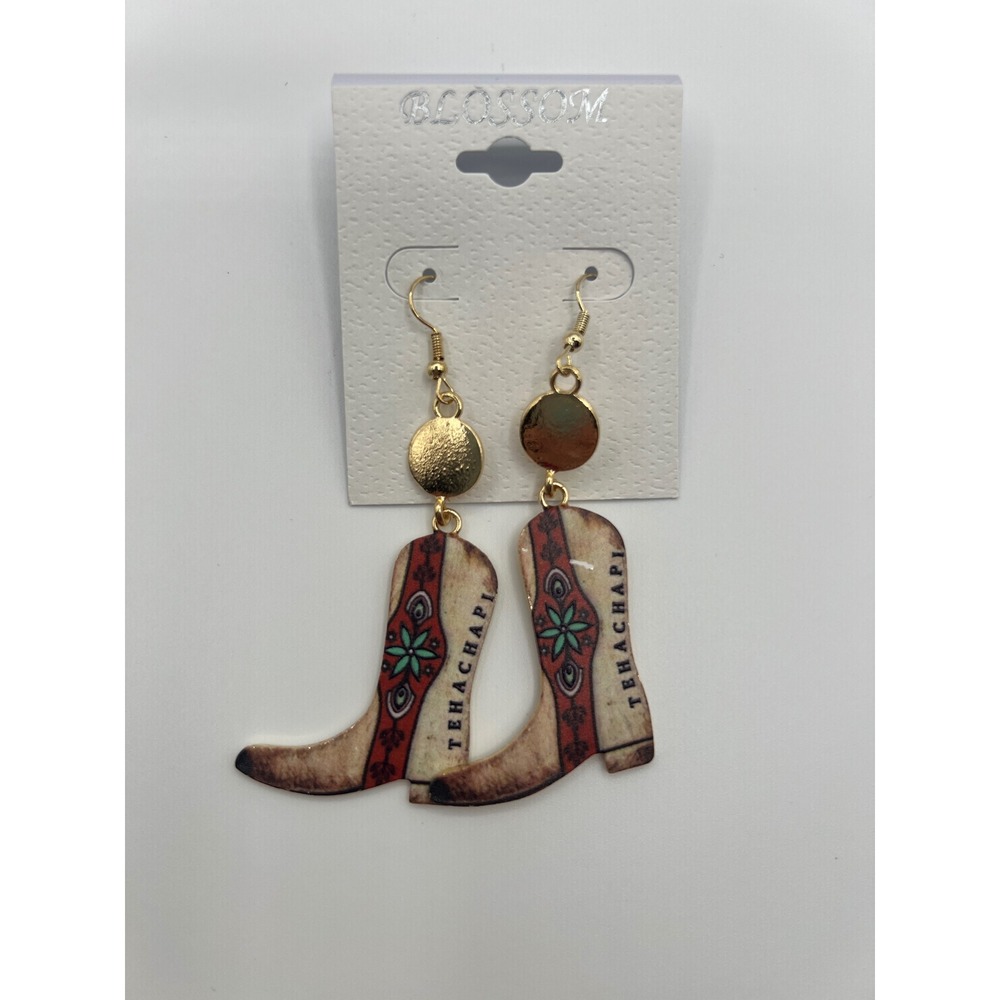 Blossom Tehachapi Cowboy Boot Drop Earrings Gold Tone Western Dangle Boho